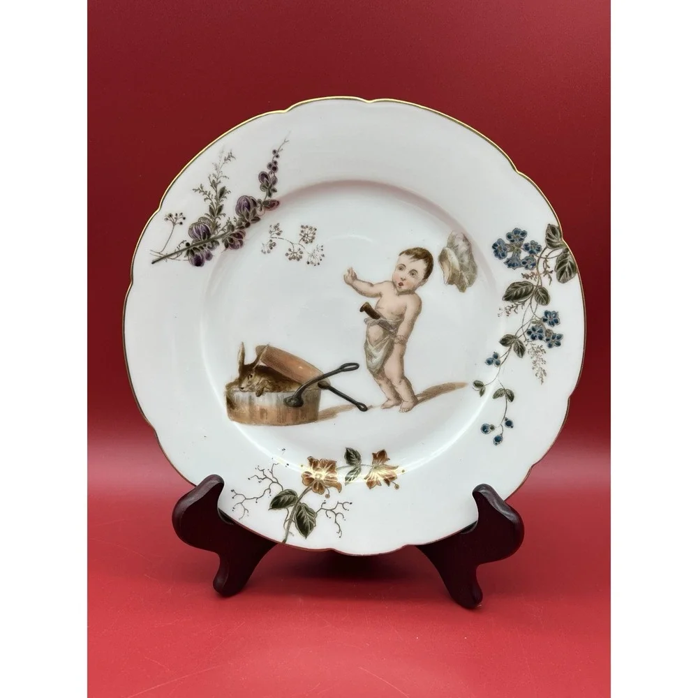 5 Antique French Porcelain CFH Limoges Plates w Babies/Cherubs Circa 1890 RARE